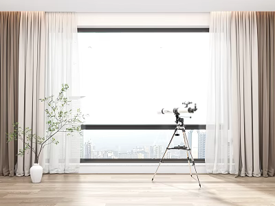 White and Beige Curtains by Window with City View Wooden Floor Green Plant Tripod Camera 3d model