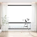 White and Beige Curtains by Window with City View Wooden Floor Green Plant Tripod Camera