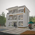 Two Story Detached Villa With White Exterior Large Windows Balconies Lush Greenery And Swimming Pool