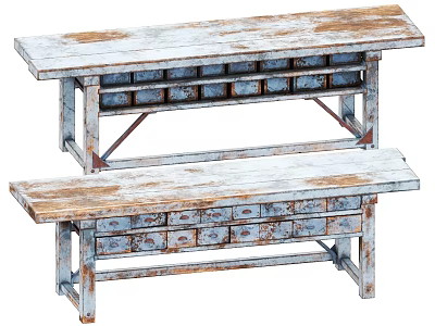 Vintage Distressed Functional Table With Wooden Top Multiple Drawers And Metal Legs 3d model
