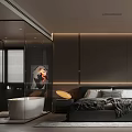 Sleek Modern Bedroom Interior With Dark Wall Paneling LED Lighting And Gray Bedding