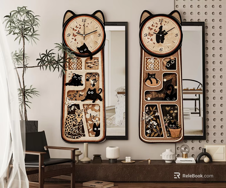 Decorative Mirror With Cat Shaped Clocks Plant And Table Decor On Polka Dot Wall 3d model