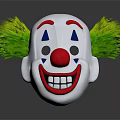 White Clown Mask Featuring Green Feather Hair Red Nose Blue Triangles Smiling Face And Teeth