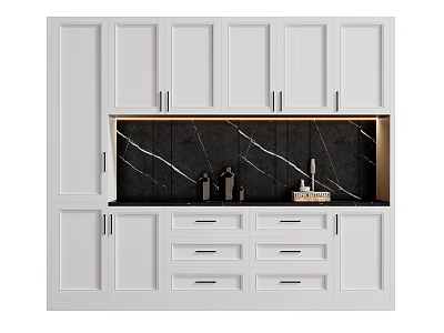 Elegant White Wine Cabinet With Black Marble Backsplash Drawers And Decorative Bottles 3d model