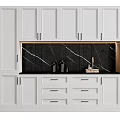 Elegant White Wine Cabinet With Black Marble Backsplash Drawers And Decorative Bottles