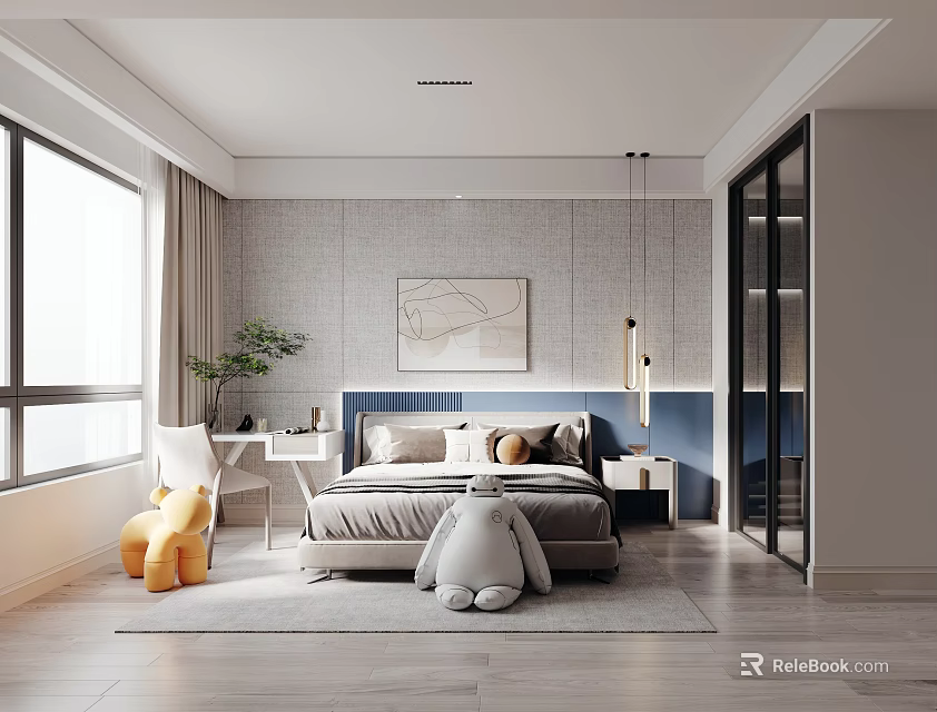 Modern Kids Room Interior Design With Bed Desk Stuffed Toys Wall Art And Window Curtains 3d model 