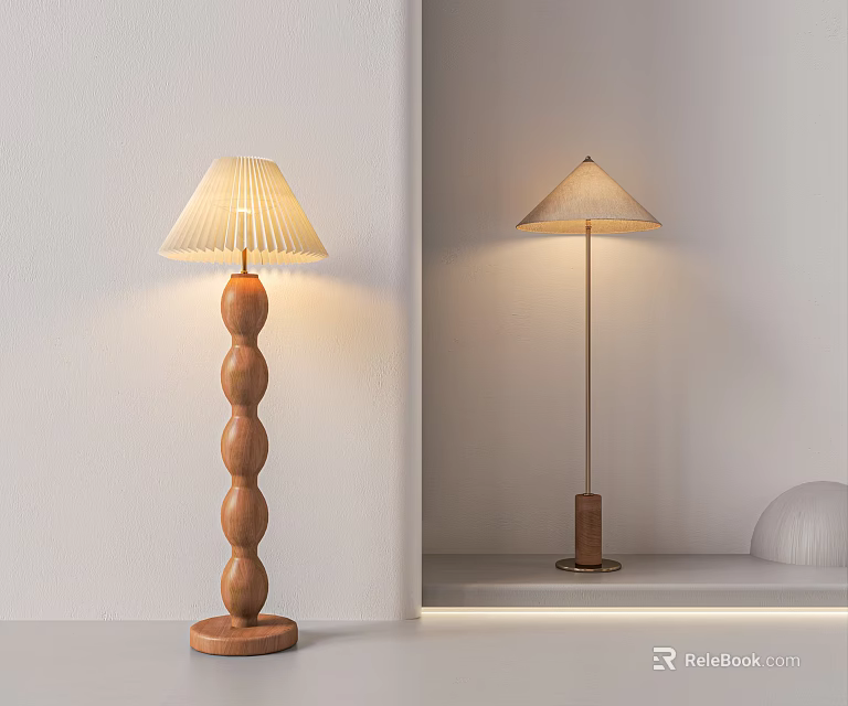 Modern Minimalist Floor Lamp With Wooden Bulbous Base And Slim Metal Pole Design 3d model 