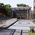 Traditional Courtyard Garden Design With Stone Pavement Circular Center Green Plants And Water Feature