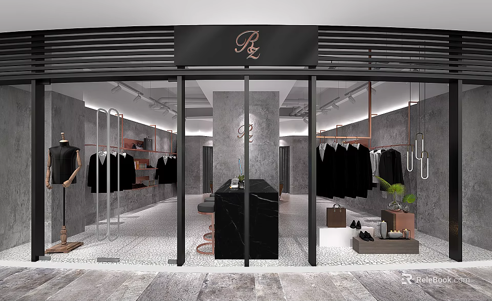 Modern Clothing Store Interior With Black Clothes Mannequin Clothing Racks And Green Plant 3d model 