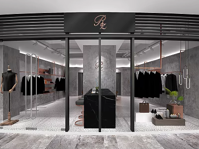 Modern Clothing Store Interior With Black Clothes Mannequin Clothing Racks And Green Plant 3d model