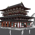Ancient Multi story Traditional Building With Classic Roof Surrounded By Trees And People