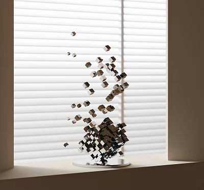 Dynamic Sculpture with Small Cubes in Scattering Effect on Light-Colored Surface Against White Blinds 3d model