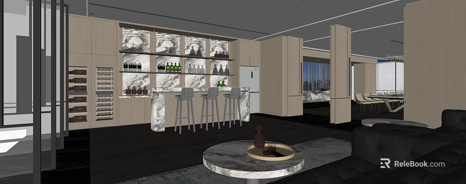 Modern Wine Cellar Interior With Wooden Wine Racks Marble Counter And Metal Bar Stools 3d model 