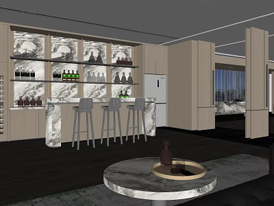 Modern Wine Cellar Interior With Wooden Wine Racks Marble Counter And Metal Bar Stools 3d model