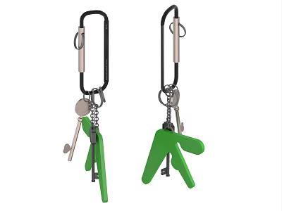 Hanging Decorative Ornament Set With Black Carabiner Hooks Keys And Green Human Shaped Decor 3d model