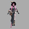 Fantasy Woman With Pink Twin Ponytails Cat Ear Hat Brown Bag In Black Long Dress