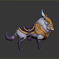 Mythical Egyptian Style Fantasy Beast With Purple Body Golden Armor Blue Glowing Horns And Saddle