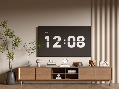 Modern Wooden TV Stand With Large Screen TV Books Clock Decorative Items And Potted Plant 3d model