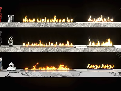Modern Multi Layered Marble Fireplace With Burning Flames And Decorative Stone Surfaces 3d model