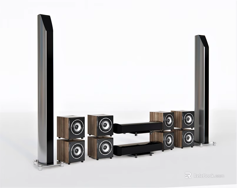 Modern Home Theater Speaker System With Floorstanding And Wooden Bookshelf Speakers 3d model 