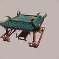 Traditional Style Landscape Pavilion With Green Roof Curved Eaves Red Pillars And Golden Decorations