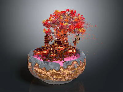 Traditional Architectural Structure In Bonsai Style With Red Orange Trees Round Base And Falling Leaves 3d model