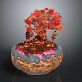 Traditional Architectural Structure In Bonsai Style With Red Orange Trees Round Base And Falling Leaves