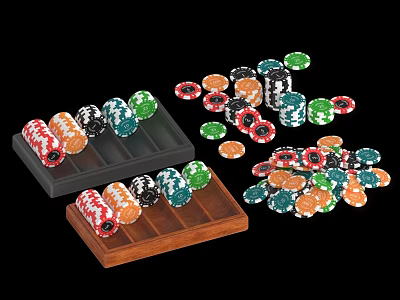 Colorful Poker Chips with Wooden and Black Trays for Casino Gaming Entertainment 3d model