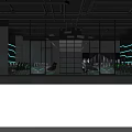 Modern Dark Room Interior With Glass Walls Blue Neon Lights Suspended Panels And Desks