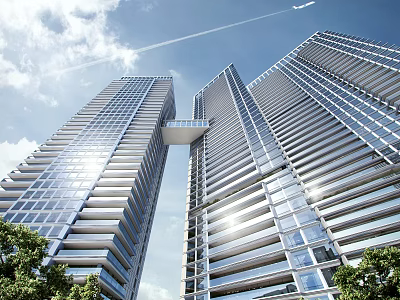 Tall Modern Office Buildings With Glass Curtain Walls Connecting Bridge Green Trees And Blue Sky 3d model