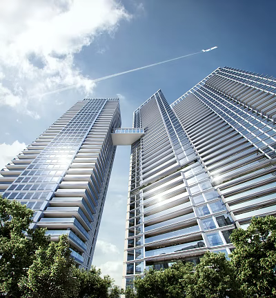 Tall Modern Office Buildings With Glass Curtain Walls Connecting Bridge Green Trees And Blue Sky 3d model