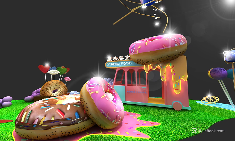 Giant Donut Themed Food Truck With Pink Frosting And Sprinkles On Green Grass 3d model 