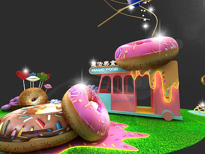 Giant Donut Themed Food Truck With Pink Frosting And Sprinkles On Green Grass 3d model