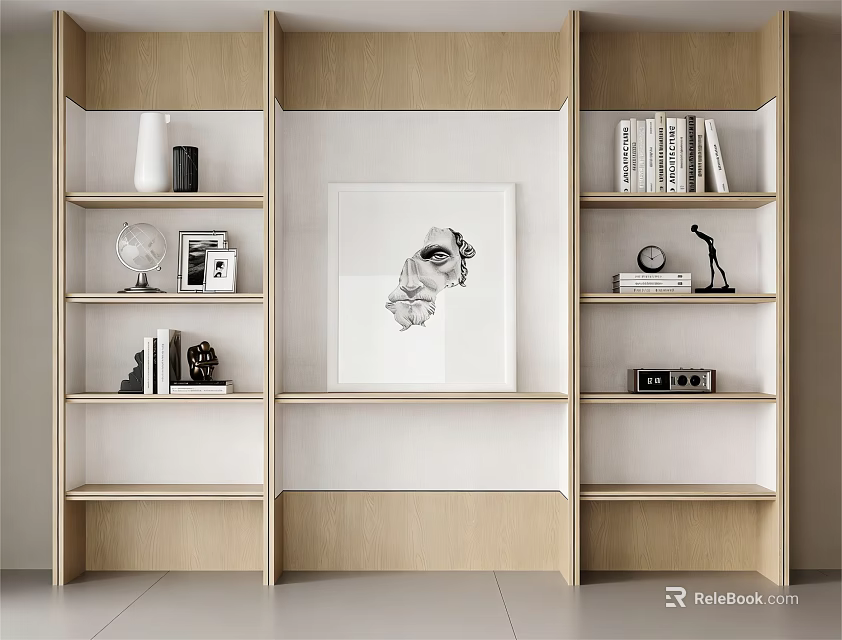 Modern Wooden Bookcase With Central Artwork Open Shelves And Decorative Items 3d model 