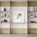 Modern Wooden Bookcase With Central Artwork Open Shelves And Decorative Items