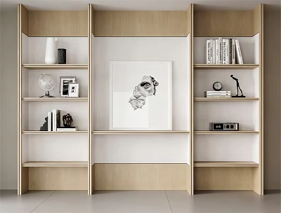 Modern Wooden Bookcase With Central Artwork Open Shelves And Decorative Items 3d model