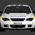 White Police Car With Blue And Yellow Stripes And Roof Lights Design