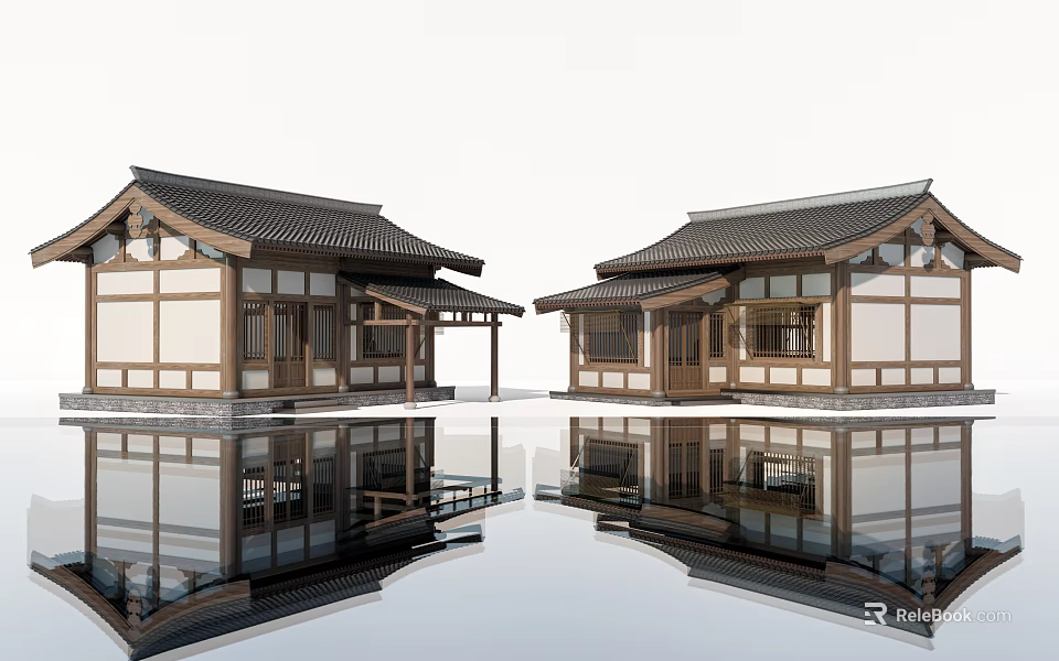 Traditional Rural Self Built House With Black Tile Roof White Walls And Water Reflection 3d model 