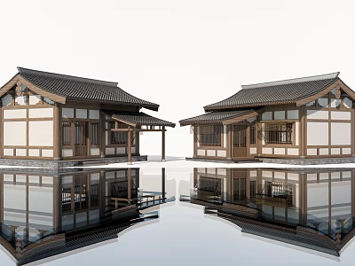 Traditional Rural Self Built House With Black Tile Roof White Walls And Water Reflection 3d model