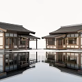 Traditional Rural Self Built House With Black Tile Roof White Walls And Water Reflection