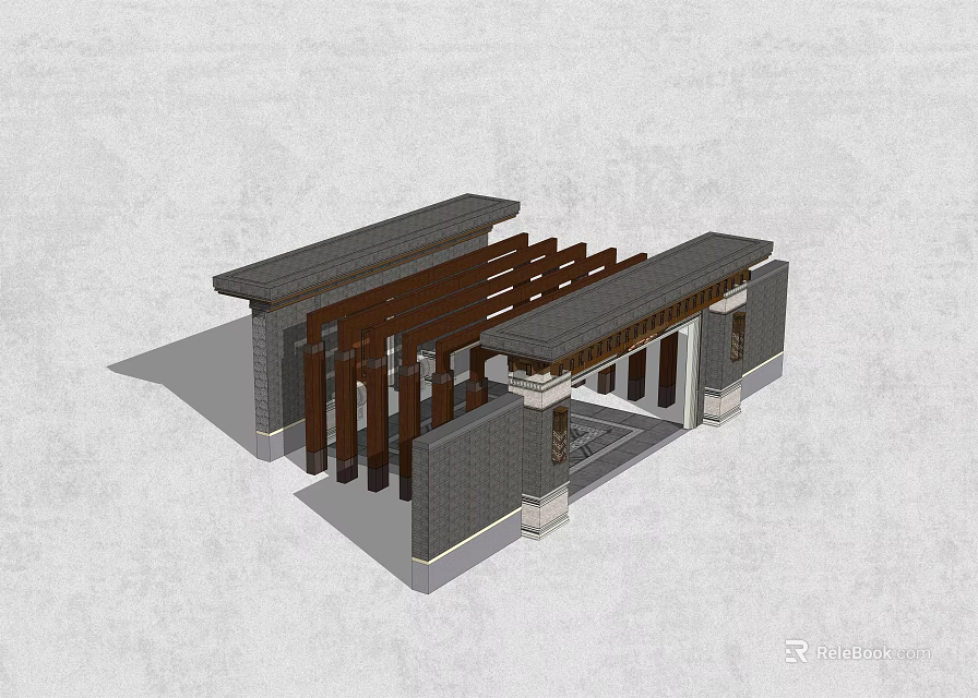 Chinese Style Entrance Gate With Gray Walls And Wooden Decorative Framework 3d model 