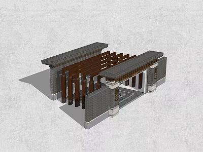 Chinese Style Entrance Gate With Gray Walls And Wooden Decorative Framework 3d model