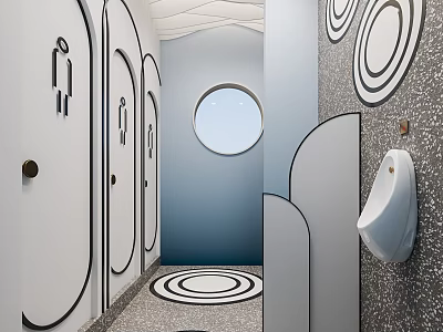 Modern Public Restroom With Geometric Lines Circular Window And Urinal 3d model