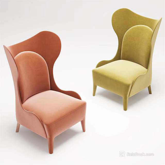 Elegant Modern Velvet Armchairs with Curved Backrest in Orange and Yellow 3d model 