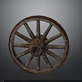 Old Fashioned Wooden Carriage Wheel with Red Rim and Spokes on Gray Background