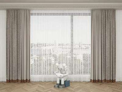 Gray Curtains with Sheer White Drapes for Large Window City View 3d model