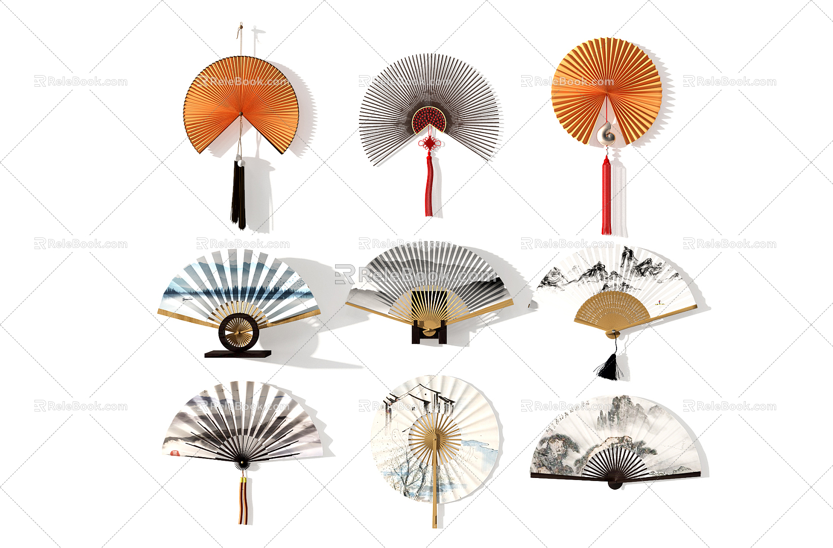 Chinese fan fan folding fan wall decoration pendant 3d model