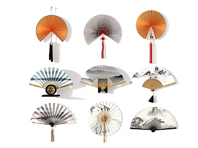 Decorative Vintage Fan Pendants With Various Artistic Patterns And Colors 3d model