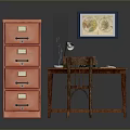Home Office Furniture with Wooden Desk Red Filing Cabinet Chair Table Lamp and Framed Map