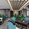 Elegant Tea House Corridor Interior With Gray Walls Decorative Paintings Round Mirror And Lighting Strips